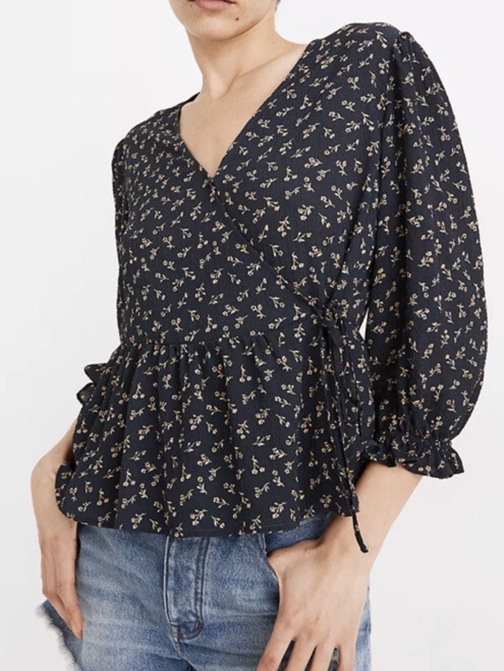 Madewell Puff-Sleeve Peplum Wrap Top in Spring Fling Floral - Size S